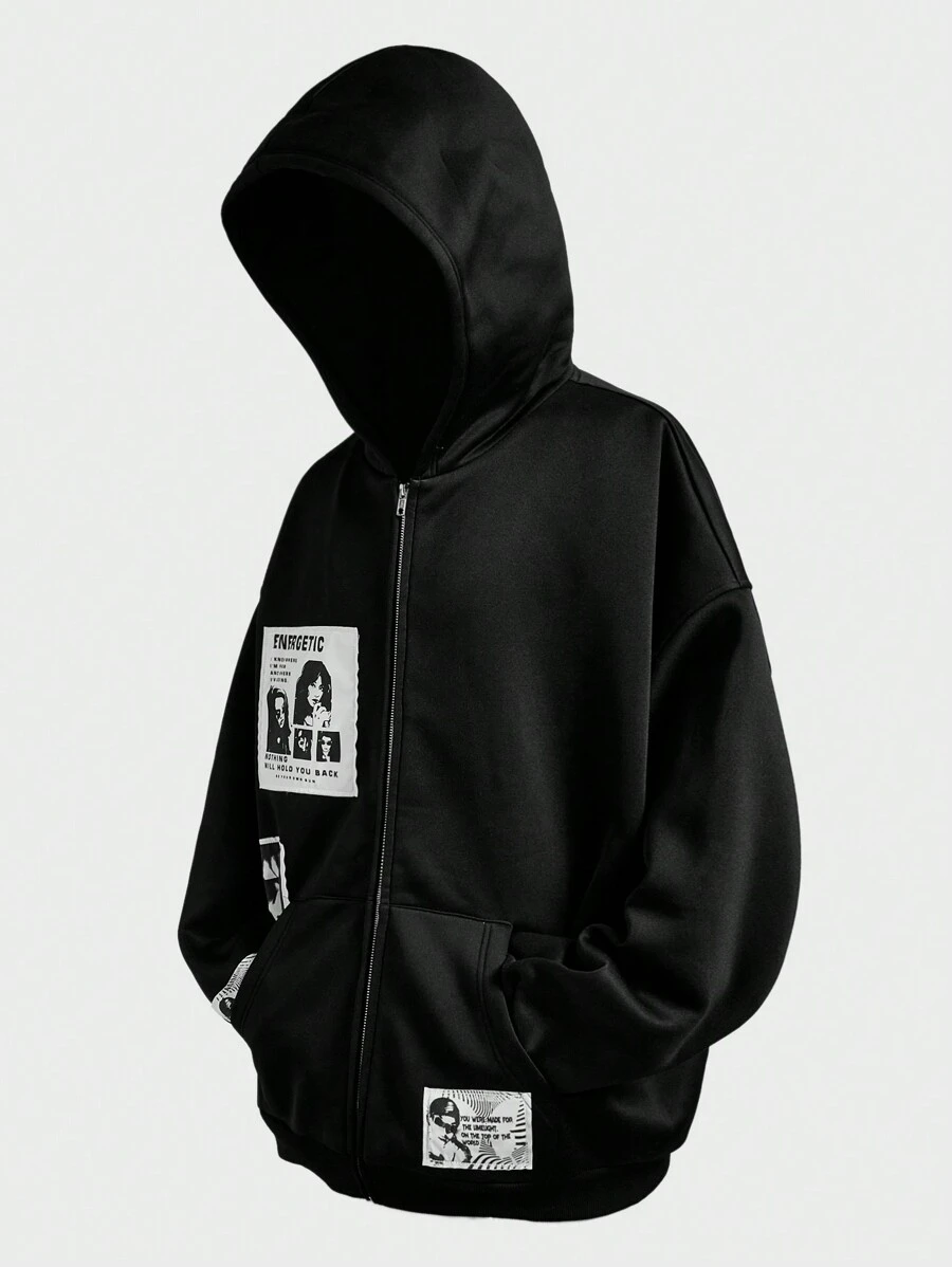 Manfinity VCAY 加大码男士宽松贴花刺绣街头风格拉链长袖连帽运动衫，外出街头穿着拉链连帽衫，适合朋友、丈夫、男朋友的礼物，适合秋冬 - 黑色 - 查看 1