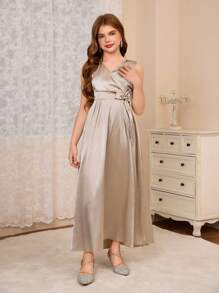 SHEIN 高品质 A 字形 V 领及地缎面蝴蝶花童连衣裙，适合婚礼、万圣节、感恩节、圣诞节、生日派对、正式场合 - 香檳色 - 查看 3
