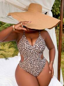 Slaydiva 1pc Plus Size Sleeveless Sexy Leopard Print One Piece Swimsuit 2025 Summer