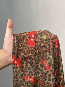 Slaydiva Sexy Lässig Leopard Kirsche Muster halb-durchsichtiges Mesh Langarm T-Shirt für Damen