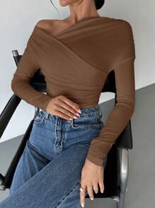 Firerie Camiseta envolvente de mujer con cuello asimétrico de unicolor