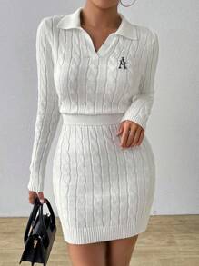 Chiquease 1pc Witte Kabelgebreide Trui Dames, Geborduurde Polo Kraag Bodycon Mini Jurk