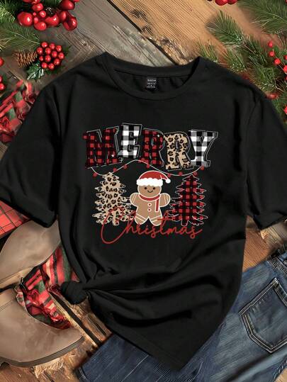 SHEIN EZwear 休闲宽松圣诞树和姜饼人印花圆领短袖女式T恤，适合夏季