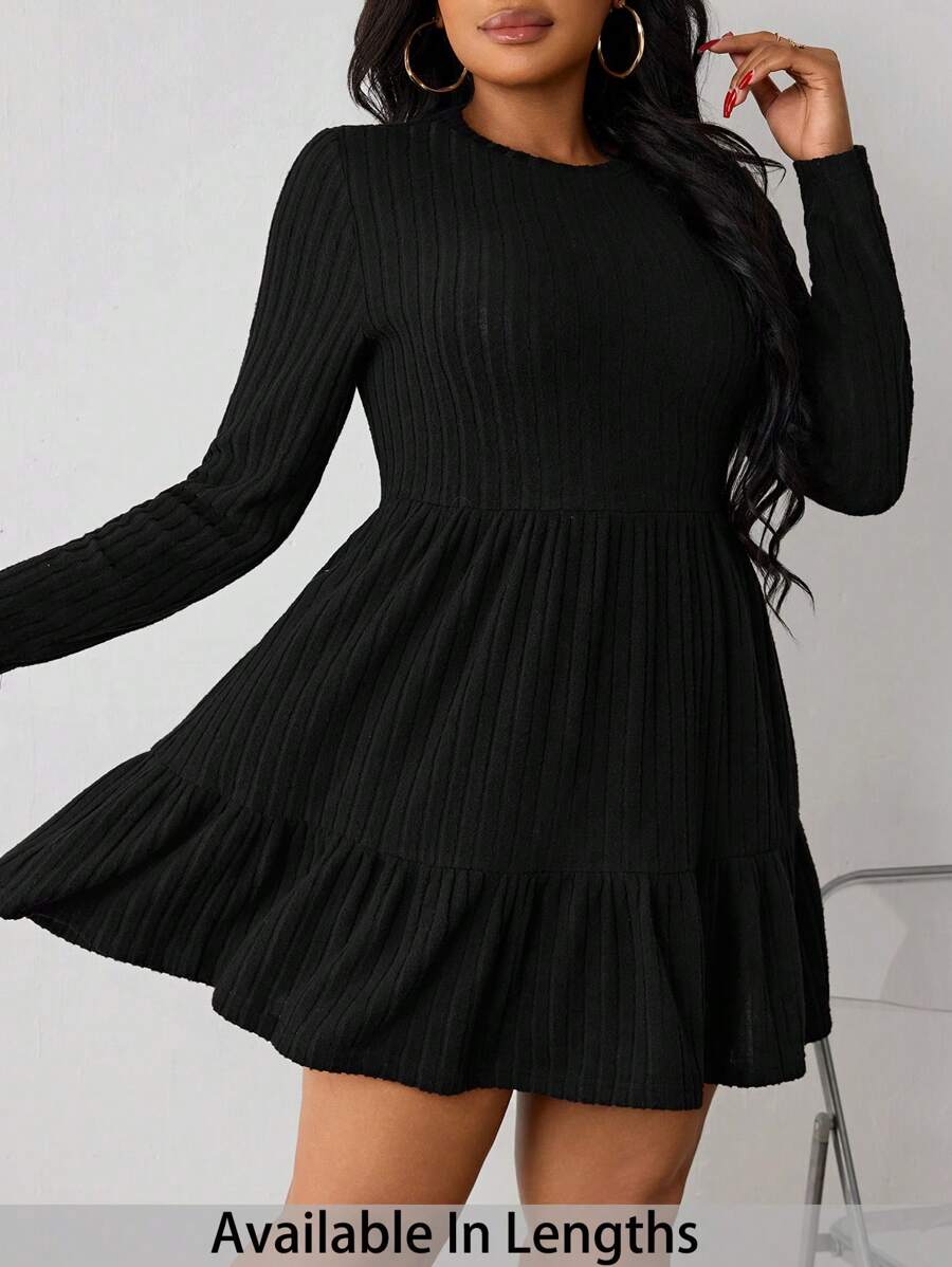 SHEIN PETITE CURVE 加大长袖罗纹针织毛衣连衣裙 - 黑色 - 查看 1