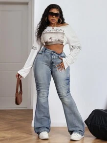 Dripcurv 大码女式四季皆宜蓝色复古牛仔裤，休闲修身弹力喇叭裤，新年服装 - 藍色 - 查看 4