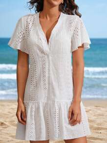 Thời trang nữ thanh lịch đơn giản thêu bãi biển che phủ với viền xếp nếp, áo choàng kimono mùa hè - trắng - Xem 5