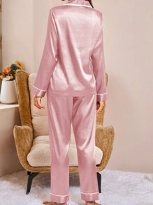 Women Autumn Comfort Pocket Front Button Top And Pants Pajamas Set , Fall Winter Clothes - Pink - View 2