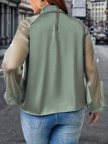 SHEIN Unity Plus Size Nữ Màu Trơn Cổ Lỗ Khóa Sheer Tay Phồng Áo Thanh Lịch, Mùa Xuân & Hè - Màu xanh Ô liu - Xem 2