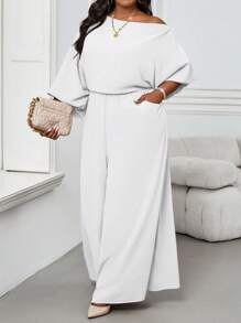 SHEIN Lady 秋冬优雅复古工作休闲办公室香槟色编织露肩舞会礼服主教袖露背新品大码连体裤 - 白色 - 查看 3