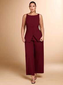 SHEIN BAE Plus Size 2pcs Elegant Daily Commuting Women's Red Boat Neck Sleeveless Vest And Wide-Leg Trousers Business Commuting Two-Piece Suits Women Set