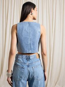 AiiRZ Textured Square Pattern Denim Crop Top Y2K Fashion Sleeveless Tank Streetwear Summer Festival Casual Cropped Jean Top Geometric Print Quilted Heatseal Design - Blue - View 2