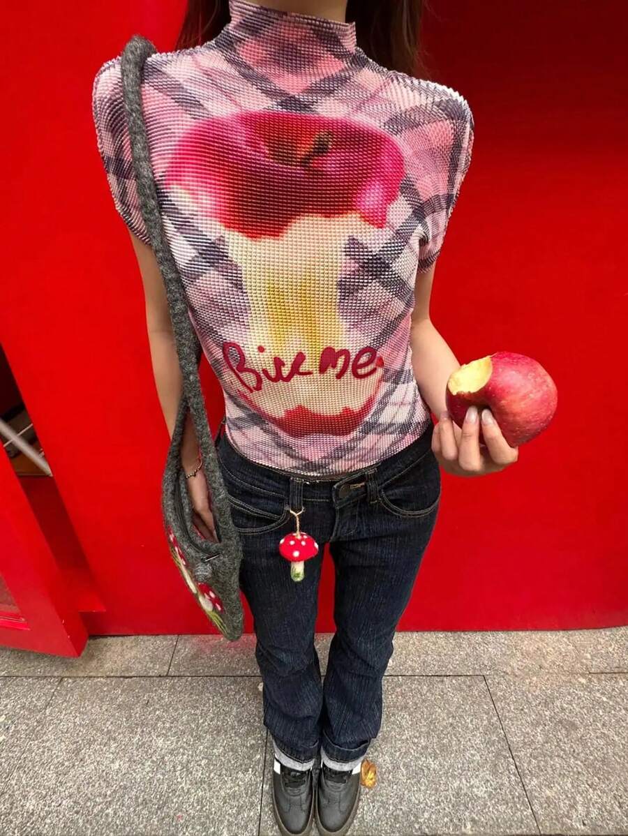 INAWLY Women's Stand Collar Short Sleeve Pattern Minimal Casual T-Shirt Graphic Tees Women Tops