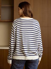 Elaquor 大码休闲简约条纹针织开衫，前系蝴蝶结设计，秋冬必备单品 - 卡其色 - 查看 2