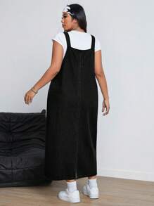 SHEIN ICON 大码休闲纯色牛仔背带裙 - 黑色 - 查看 2