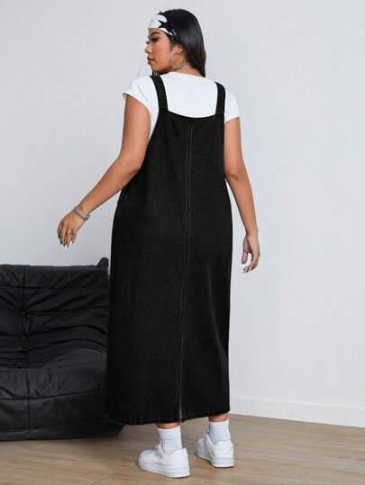 SHEIN ICON 大码休闲纯色牛仔背带裙