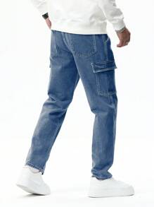 Manfinity Hypemode Men's Solid Color Zipper Pocket Casual Denim Cargo Jeans - Medium Wash - View 2