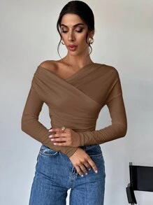 Firerie Camiseta envolvente de mujer con cuello asimétrico de unicolor