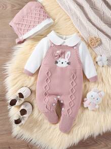 SHEIN Vintaside Kids 女婴毛衣连体衣，针织长袖高领连脚连体衣，秋冬季舒适保暖，粉色、杏色，优雅百搭，刺绣卡通图案，适合日常穿着、居家、户外和旅行 - 彩色 - 查看 8