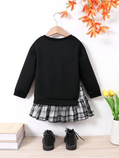 SHEIN Elladie kids 年轻女孩休闲二合一格子圆领套头衫女婴连衣裙黑色女婴连衣裙女婴长袖连衣裙