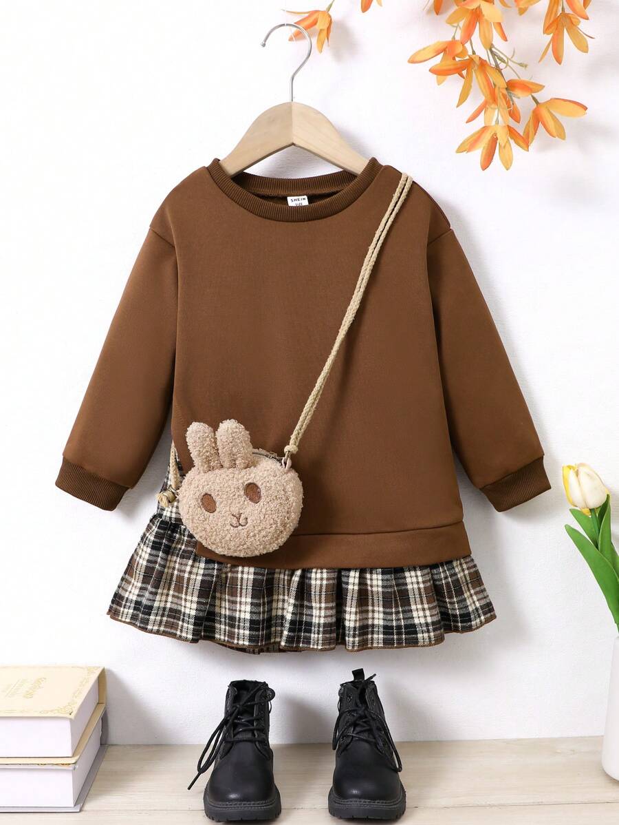 SHEIN Elladie kids 年轻女孩休闲格子拼布运动衫，秋季 - 棕色 - 查看 1