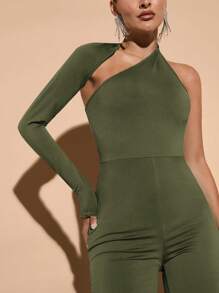 SHEIN BAE Elegant Women Asymmetric Collar Oblique Shoulder & Extra Long Flared Jumpsuit, Suitable For Daily Dates, Outings, Nightclub Party And More, Autumn - Army Green - View 4