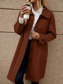 SHEIN LUNE Women's Plain Single-Breasted Long Sleeve Casual Commuter Trench Coat, Autumn - Brown - View 3