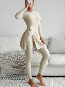 Swim Shayni 3 件套纯色女式分体式泳衣套装：圆领长袖上衣、长裤和腰部花朵装饰裙子夏季阿拉伯服装