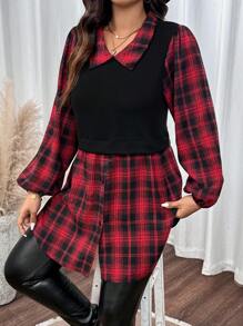 SHEIN LUNE Blusa con cuello Peter Pan, manga farol y diseño de parchwork a cuadros de moda para mujer de talla grande, para otoño