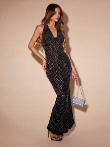 SHEIN BAE Vestido de mujer con escote halter sexy y espalda descubierta con aplicaciones de strass - Negro - Ver 4