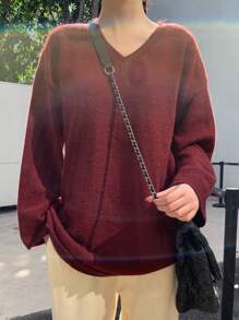 DAZY Women's Casual Loose V-Neck Drop Shoulder Sweater For Autumn/Winter Valentine Valentine's Day,Fall Women Clothes - Red - View 3