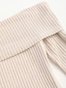 Sweetra 优雅女士长裙，米色罗纹喇叭袖单肩褶皱腰设计长款女装 - 杏色 - 查看 5