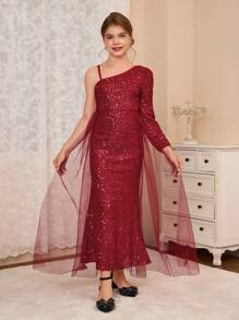 Girl's Slim Fit One Shoulder Long Sleeve Sequin And Mesh Dress, Suitable For Wedding, Christmas, Halloween, Thanksgiving Celebration, Birthday Party, Gala - Burgundy - View 1