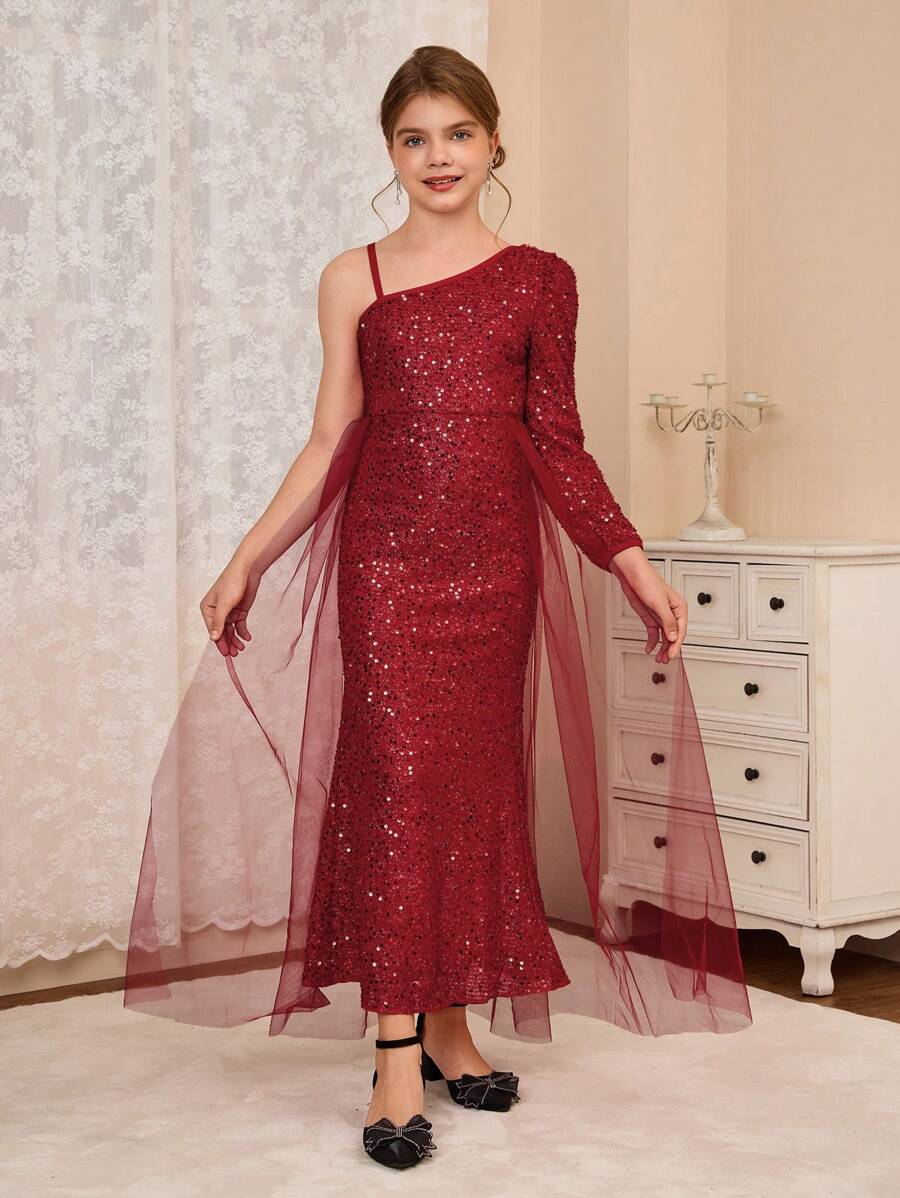 Girl's Slim Fit One Shoulder Long Sleeve Sequin And Mesh Dress, Suitable For Wedding, Christmas, Halloween, Thanksgiving Celebration, Birthday Party, Gala - Burgundy - View 1