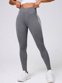 Gameset SHEIN Sport Elastic Waist Striped Print Tight Leggings (In Stock) Yoga Women Pants - Light Grey - View 3