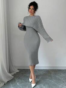 Elenzga 2pcs/Set New Arrival Twist Flower Round Neck Sweater Top And Bodycon Dress Knit Set For Women Fall Cloth For Women - Grey - View 5