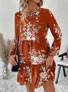 SHEIN Clasi 女士花卉印花长袖迷你连衣裙，秋季