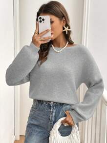 SHEIN Frenchy Casual Bowknot Decor Long Sleeve Pullover Sweater - Grey - View 2