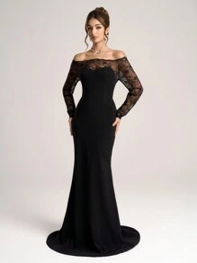 Coutiva 女士优雅黑色撞色蕾丝针织修身腰长袖正式鸡尾酒会礼服、伴娘服、婚礼宾客礼服、晚礼服、长袍 - 黑色 - 查看 7