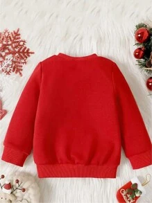 女婴圣诞图案字母印花羊毛圆领休闲运动衫 - 紅色 - 查看 2