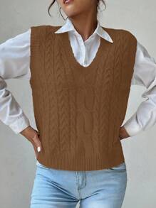Chiquease V Neck Cable Knit Sweater Vest - Coffee Brown - View 3