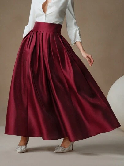 Anewsta High Waisted Elegant Puff Princess Style Skirt Burgundy Maxi