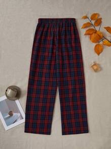 Women's Casual Plaid Elastic Waist Straight Leg Pajama Pants, For Fall, Winter