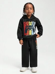 SHEIN 2 件套年轻男孩街头潮流字母和游戏机印花休闲长袖连帽衫和裤子套装，适合日常、学校、派对场合 - 黑色 - 查看 7