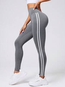 Gameset SHEIN Sport Elastic Waist Striped Print Tight Leggings (In Stock) Yoga Women Pants - Light Grey - View 5