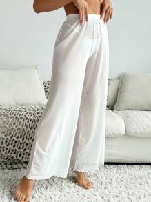 SHEIN Swim Quần Palazzo ống rộng cạp chun màu trơn cho nữ đi nghỉ mát mùa hè - Màu be - Xem 3