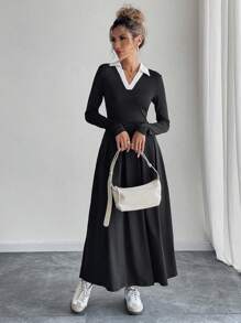 Chiquease 合身 V 领撞色长袖中长连衣裙，优雅腰部设计 - 黑色 - 查看 5