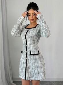 Elenzga Váy midi cổ vuông ôm vừa vặn màu sắc cổ điển kiểu Pháp cho nữ vào đầu thu vải tuýt dành cho nữ - Đen và trắng - Xem 4