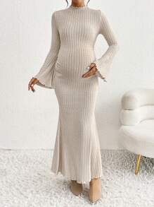 SHEIN Maternity Solid Color Round Neck Trumpet Sleeve Rib Knit Long Elegant Dress