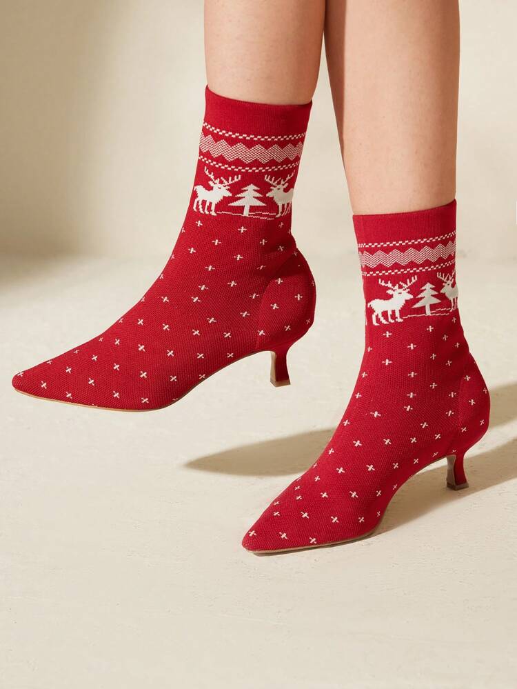 CUCCOO BASICS Botines cortos de mujer de puntera afilada, ajuste elástico y entallado, tejido de punto sexy, de tacón bajo, en color rojo estilo navideño y para el Año Nuevo y el Día de San Valentín