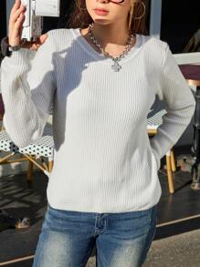 SHEIN Explorewe Teenage Girls Casual Plain Crew Neck Long Sleeve T-Shirt Sweater, Versatile For Autumn/Winter